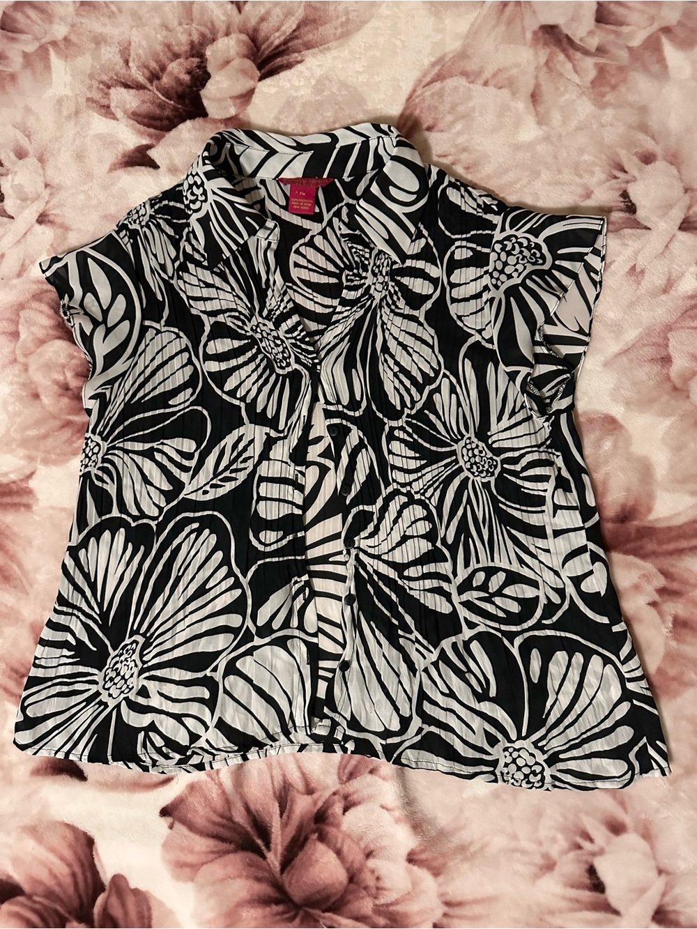 Sunny Leigh Black and White floral Stretchy Blouse - Women Tops size M Petite